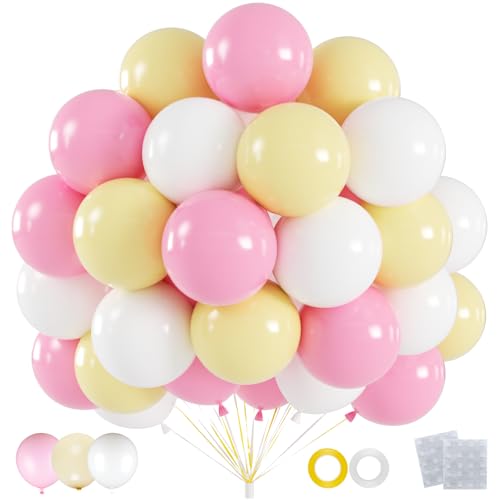 60pcs Easter Party Balloons 12inch Macaron Pink Yellow White Latex Balloons for Easter Party Decorations Bridal Shower Baby Shower Wedding Decor (With Ribbons)