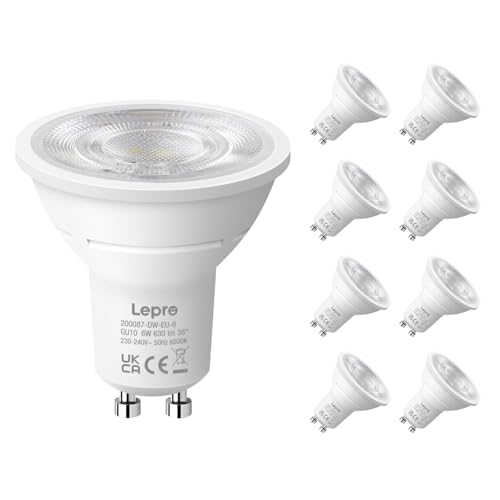 Lepro GU10 LED Bulbs, Cool White 6500K, 630LM, 6W (80W Equivalent), 38Â° Beam Angle, Energy Saving Spotlight Bulbs, Non-Dimmable, 8 Packs 8 Cool White