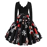 Aukbays Weihnachtskleid Damen Sexy Weihnachten Kleid Elegant Langarm Cocktaikleider Vintage Christmas Retro Abendkleid Partykleid Cocktailkleid Festival A-Linie Party Kleider
