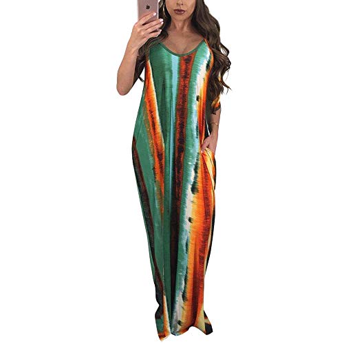 BFFBABY WOOSEN Womens Summer Suspender Maxi Dress Plus Size Striped Printed Sleeveless with Pockets and Belt Army Green