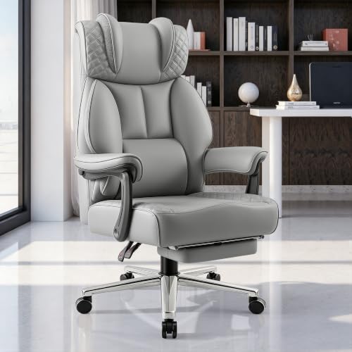 Image of BestGlory Office Desk Chair, Big and Tall Leather Gaming Chair with Footrest, Ergonomic Comfy Executive High-Back Reclining Computer Chairs, Wide Swivel Rolling Wheels and Padded Lumbar Support, Gray