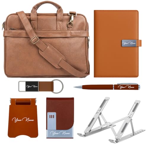 Image of Giftana 7 in 1 Laptop Bag and Laptop Stand with Personalized Diary & Pen, Keychain, Card Holder, Mobile Stand Set, Customized Gift for Husband, Employee Welcome Kit, Corporate Gift for Employees (Brown)