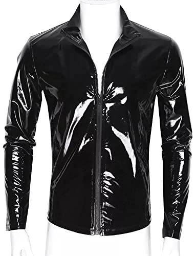 Image of AIEOE Men's Leather Metallic Shirts Shiny Slim Fit Stretch Top Wetlook Club Party Undershirts