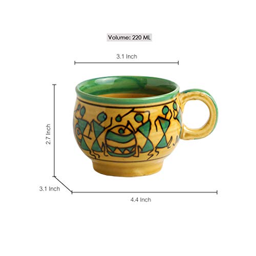 Image of ExclusiveLane Warli Handpainted Ceramic Coffee Mugs Cups Set for Tea of 6 Serving Chai Tea Cups (Set of 6, 220 ML, Sand Yellow, Microwave Safe)