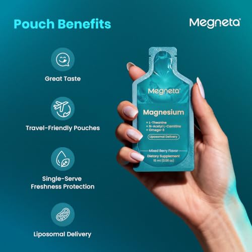 Image of Liquid Magnesium Supplement with L-Theanine, B6 & Omega-3, 15.2 fl oz | Liposomal Magnesium with 500 mg Acetyl L-Carnitine (ALCAR), Memory, Focus, Calm & Sleep Support, Sugar-Free, 30 Pouches