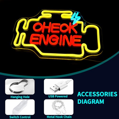 Image of Check Engine Neon Sign, JGHTURIE Man Cave Neon Signs for Wall Decor Garage Car Room Yellow Light Up Sign Auto Repair Workshop Led Signs USB Powered