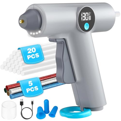 2500mAh Pistola Silicona Caliente Inalámbrica, Indicador de Temperatura LCD Pistola Silicona Electrica Calentamiento Rápido con 25pcs Barras y 3 Fundas de Silicona para Dedos, para DIY/Manualidades