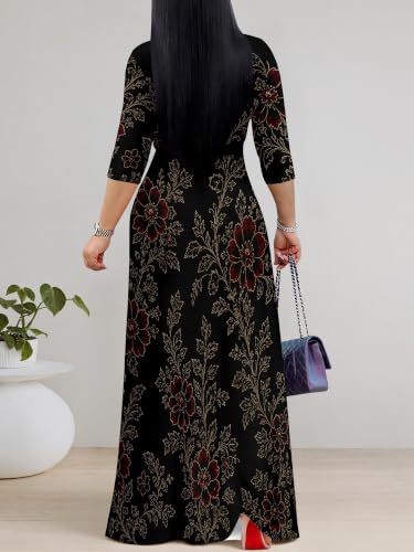 Image of PinkPatty Women's Plus Size Maxi Dresses Casual Flowy 3 /4 Sleeves Dress Printed Vacation Dress for Daily Wear with Belt