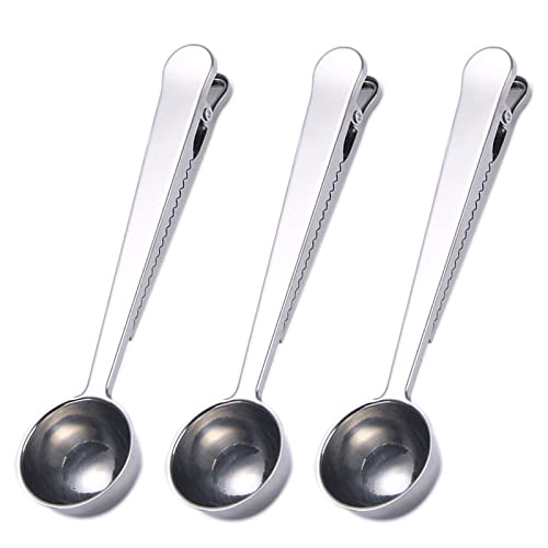 3 Pièces Cuillère Doseuse à Café Avec Scelleuse de Sacs Cuillère à Café 2 en 1 Long Manche Cuillère Doseuse à Café en Acier Inoxydable Avec Clip Fermeture Sac pour Café Moulu, Expresso, Café en Grains Cover