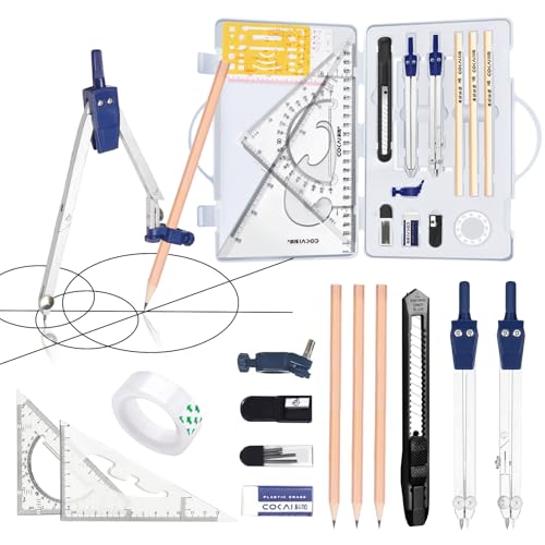 3. Set completo:14 pezzi: compasso, divisore, righe, squadre, goniometro, matite, gomma, temperino, astuccio trasparente. Adatto anche a studenti di architettura. Una bussola professionale per disegni tecnici