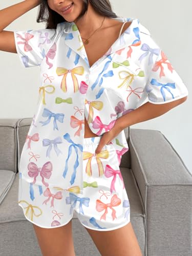 Image of Ekouaer Womens Satin Pajamas Set 2 piece Silky Buttton Down Short Pjs | Silk Notch Collar Top and Soft Shorts Lounge Set for Sleep, Daily Wear, Home, Wedding, Party