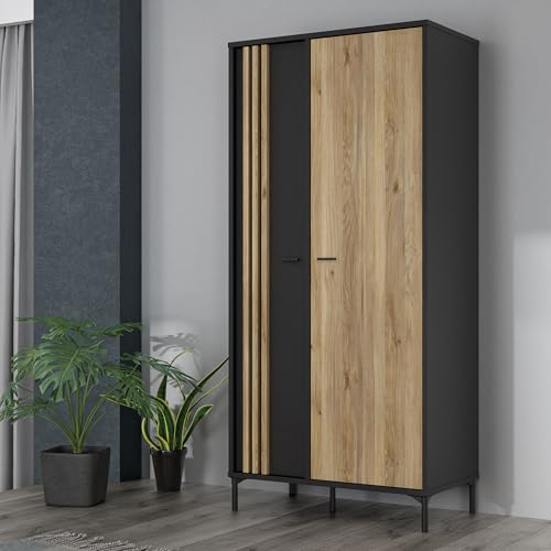 Forte JOAKIMIS Kleiderschrank 92, 2-türiger Drehtürenschrank mit Lamellendetails und Einlegeböden, Holzwerkstoff, Mauvella Eiche/Schwarz, 92 cm...