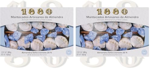 1880 - Mantecados Artesanos de Almendras, Calidad Suprema, Típico Dulce Navideño, Receta Artesanal, Envasado en Seda, 300 gramos (Paquete de 2)