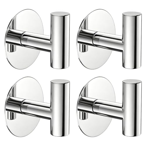 Image of Heavy Duty Adhesive Hooks, Stainless Steel Towel Hooks for Bags, Towels, Robes, Hats, Aprons - No Drill Bathroom, Kitchen, Hotel Wall Hooks (Chrome, 4 Pack)