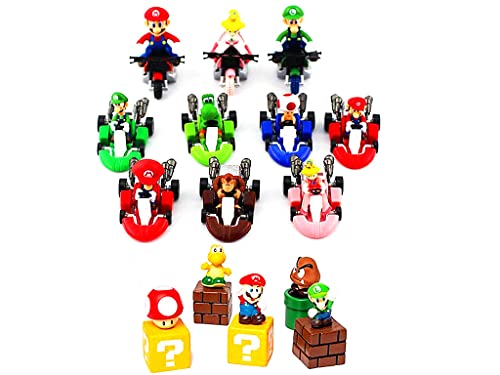 20 piezas Super Mario Bros Toys-Mario Bros Kart Pull Back Cars Motocicleta Luigi Yoshi Toad Princesa Melocotón Burro Kong & Mario Figuras de acción para niños + Regalo Cover
