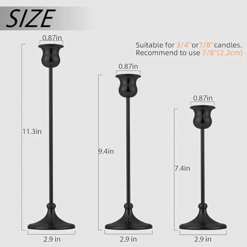 Metal Candle Holder Taper Candlestick Holders for Candle Sticks Vintage Candelabra for Halloween Thanksgiving Christmas (Matt Black, 2 Se...