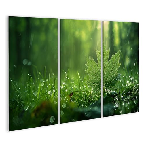 Feuille d'érable vert sur toile triptyque pour salon lumineux et ambiance nature zen