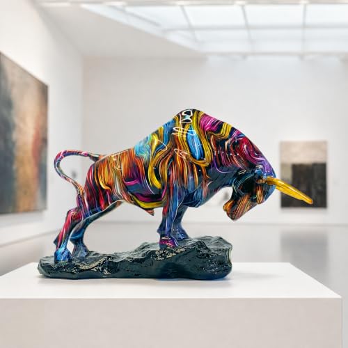 walhia Colorful Bull Statue, 13.66 Inch Resin Bull Sculpture, Neon Purple Water Transfer Print Bull Market Decor for Office Desk Study Bookshelf, Stock Market Gift for Investors Traders