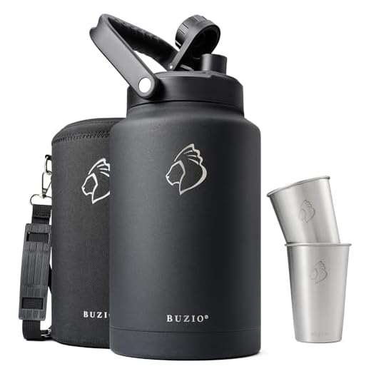 BUZIO One Gallon Vacuum Insulated Jug, Insulated Beer Growler, 18/8 Food-grade Stainless Steel 128oz Water Bottle Comes with Two Stainless Steel Cups Thermo Canteen Mug ,Black