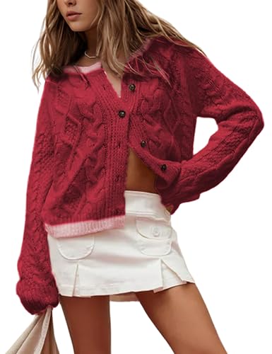 Watashi Long Sleeve Sweater for Women Casual Button Up Colorblock Cable Knit Round Neck Fall Winter Cardigans Coats