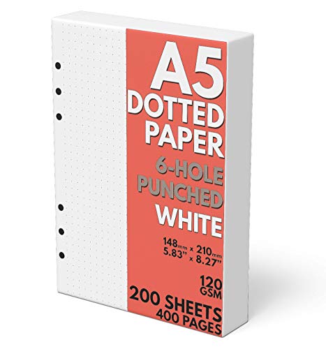 Image of A5 Dot Grid Paper, Extra Thick, 6-Hole Punched, 200 Sheets (400 Pages), 120 GSM