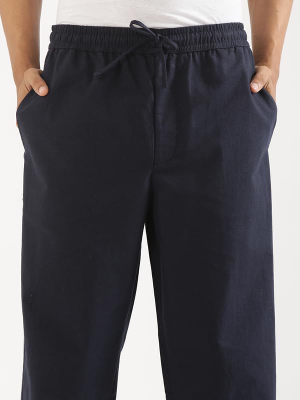Image of SAADAA Men's 100% Cotton Pants | Mid-Rise Straight Fit Casual Trousers with Elastic Waistband and 3 Pockets | Everyday Wear