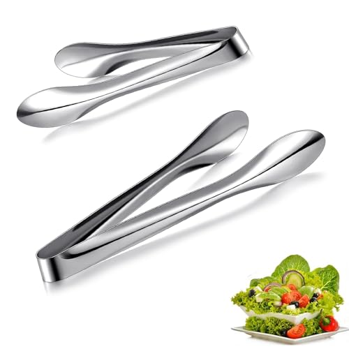 2 Pack Stainless Steel Serving Tongs, Heavy Duty Kitchen Tools for Salad, Ice, Appetizers, Buffet, Cooking, Party, Polished Silver Design - 9" and 12"