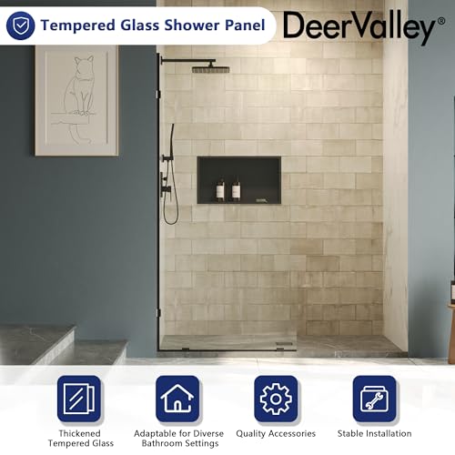Image of DeerValley 36 inchx78 inch Fixed Glass Shower Panel, 3 /8'' Thick Shower Glass Panel, Frameless Tempered Glass Door, Bathroom Shower Screen with Hardware (Black)