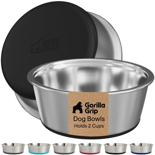 GORILLA GRIP Dog Bowls Food Grade 304 Stainless Steel Holds 2 Cups Each (16 fl oz) Food and Water Bowl for Feeding Dogs and Cats Dishwasher Safe Rust Resistant BPA Free Rubber Base Set of 2 Black