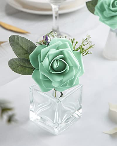 DuHouse 25Pcs Artificial Roses Flowers Fake Rose with Stems Real Touch Foam Flower Head for DIY Wedding Bridal Bouquet Baby Shower Centerpiece Floral Arrangement Party Home Decor(Mint Green) - Image 4