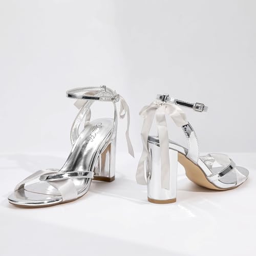 Mofri ShowHow Women's Silk Bow Tie Heels Ankle Strap Chunky Block Heel Dress Sandals Cross Strap Open Toe Wedding Bridal Heels4