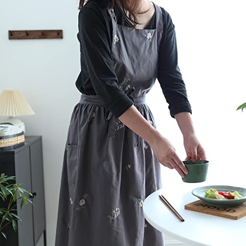 Losofar Embroidered Cotton Pleated Apron Retro Waterdrop Proof Garden Cleaning Pinafore Dress (Floral Grey, 103Cmx86Cm) #TOP7