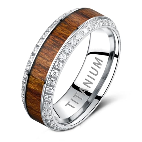 Engraved Personalized Titanium Wedding Rings for Men Cubic Zirconia Inlay Hawaiian Koa Wood Engagement Ring Eternity Band High Polished Band Comfort Fit Size 7-12