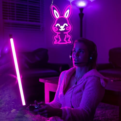 Image of Easter Rabbit Neon Sign for Wall Decor,Dimmable Led Pink Rabbit Neon Signs, USB Powered Rabbit Neon Lights for Children's Room Decoration, Easter Gifts, Birthday Parties Gift