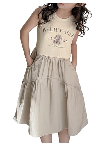 Floerns Girl's Letter Print Sleeveless Patchwork Tiered A Line Midi Dresses