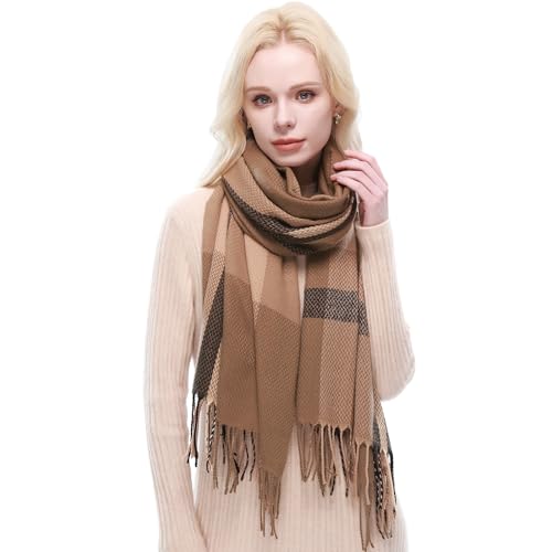 RIIQIICHY Plaid Scarf for Women Fall Winter Pashmina Scarves Wraps for Cold Weather Warm Large Tan/Black/Camel