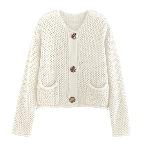 Image of Chevara Women's Cropped Cardigan Sweater Long Sleeve Crewneck Button Down Knit Sweater with Pockets