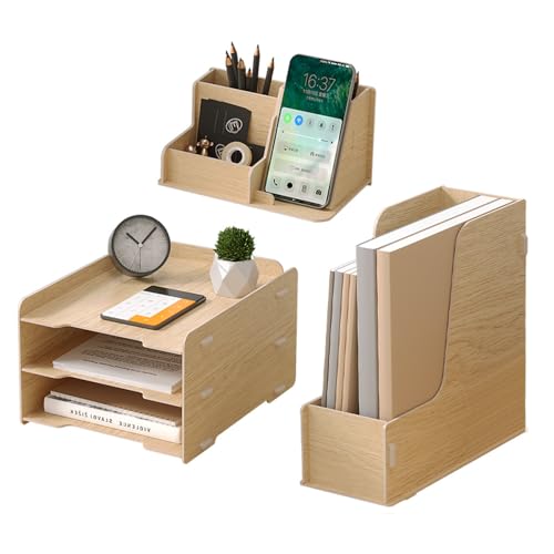 Set di organizer da scrivania in legno, 3 ripiani, vassoio
