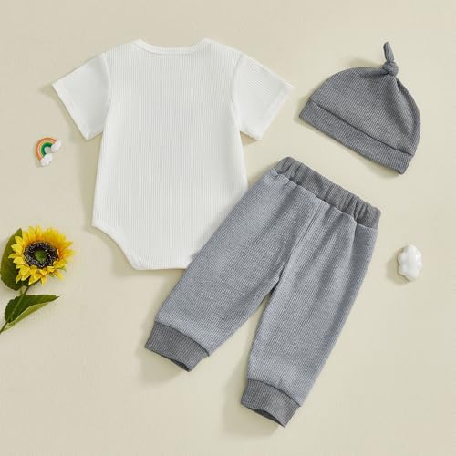 Image of SAYOO Newborn Baby Boy Clothes New To The Crew Embroidered Romper Waffle Solid Pants with Hat Coming Home Hospital Outfits
