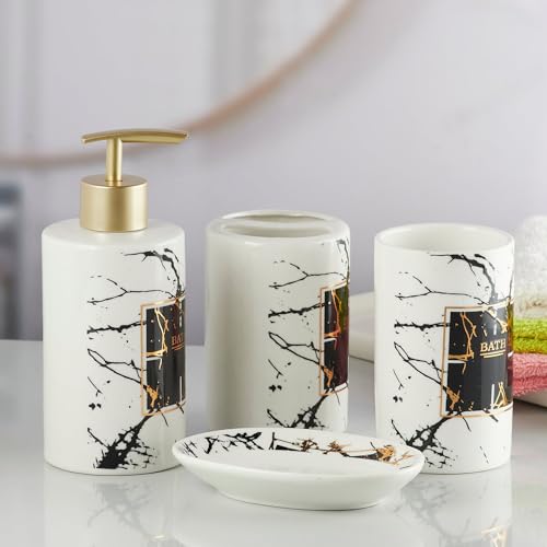 Image of Kookee Ceramic Bathroom Set - Stylish 4 Piece Bath Accessories Kit with Soap Dispenser, Toothbrush Holder, Tumbler & Soap Dish - Modern & Designer Decor for Home & Guest Bathrooms, White /Black (8234)