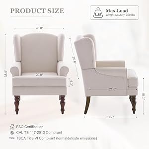HUIMO Living Room Chair Upholstered High Back Armchair Retro Printed Wingback Chair in Linen for Bedroom Study Comfy Accent Sofa Chair Reading Chair Holds 300lbs Tan with Lines
