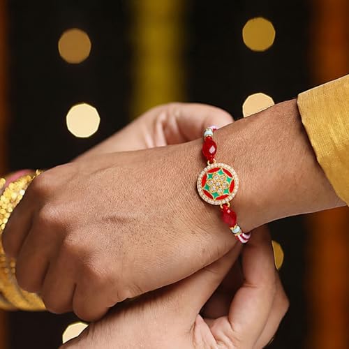Image of Peora Rakhshabandhan Thread Rakhi for Brother Bhaiya | Kundan Beads & Crystal Studded | Combo Set of 2 | Rakhi Hamper Roli Chawal & Greeting Card