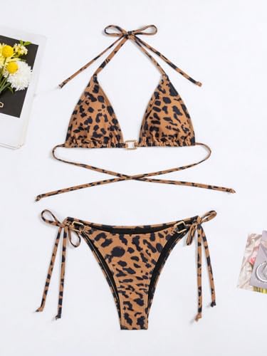 COZYEASE Women's 2 Piece Bikini Sets Leopard Print Halter Tie Triangle Bathing Suit Tie Side Ring Swimsuit Set Beach Outfits3