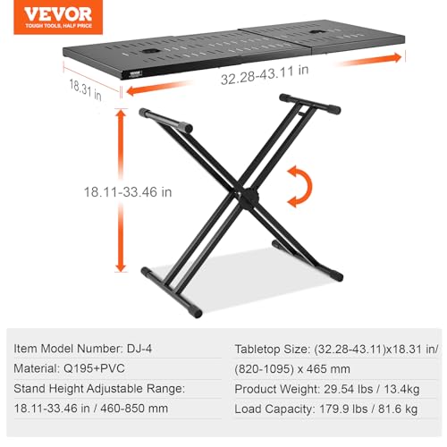 VEVOR DJ Table Stand, (32"-43") x 18" Portable DJ Laptop and Controller Stand, Lightweight DJ Desk DJ Booth Adjustable Height DJ Stand, Foldable Double-X Keyboard Stand & Tabletop, Audio Mixer Stand by VEVOR - Image 7