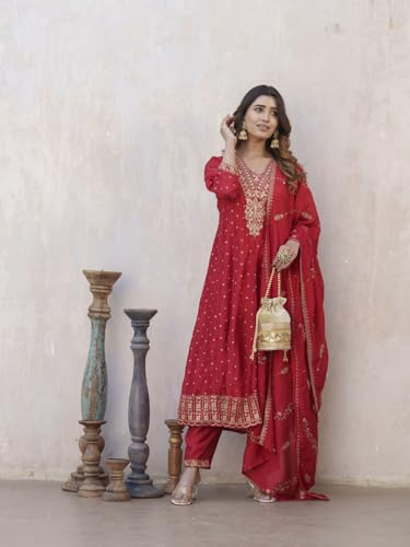 Image of Kaari Women's Embroidered Kurta Set with Dupatta - Festive Kurta Set for Women Polyester Blend