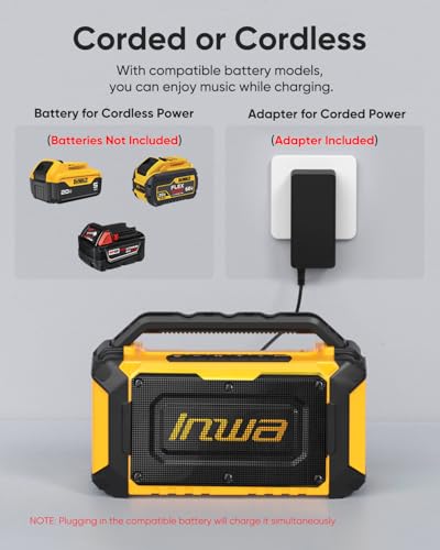 Inwa Jobsite Bluetooth Speakers Compatible with DeWalt 20V/FLEXVOLT & Milwaukee M18 Battery, 60W Portable Outdoor Wireless Boombox w/Bass, RGB Lights, Loud Speaker for Worksite/Workshop/Garage(Golden) - image 6