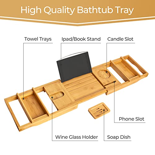 Pont de baignoire extensible bambou noir Todeco plateau de bain luxe avec supports pour livre et verre