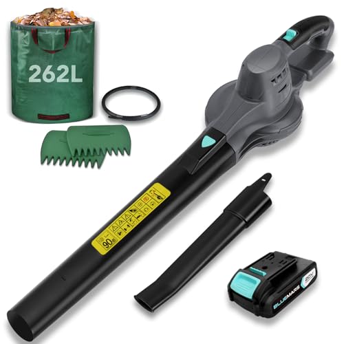 BlueMars Lightweight Cordless Leaf Blower for Gardens, Patios, Driveways,w/ 20V Battery, Charger,Minimal Noise and Vibration,Inclu. Garden Leaf Grabbers & 262L Garden Waste Bag,Blowing Leaf/Snow/Dust