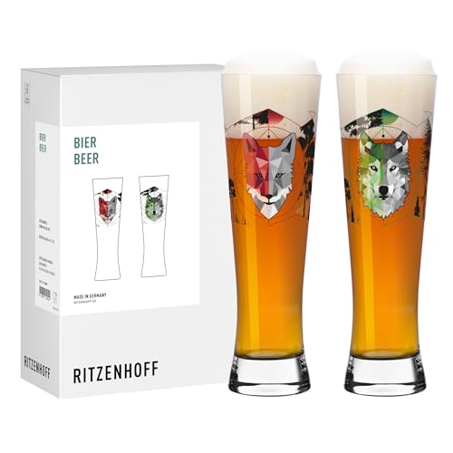 RITZENHOFF 8122001 Lot de 2 verres à bière 300 ml – Série Chasseur & collectionneur – Avec motif loup, renard – Avec impression numérique