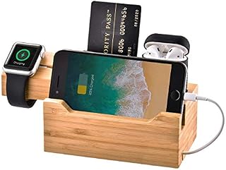 Bamboo Wood Multi-Device Desktop 3 USB HUB Charging Dock Station Charge Holder Cradle Charger Stand Compatible with iPhone 12 11 Pro Max XS XR 8 Plus Apple Watch 3 4 iWatch AirPods Samsung Smartphones
